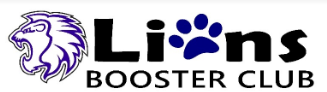 Lions Booster Club logo. Lion head on the left with text that says, "Lions Booster Club." There is a paw print in place of the letter O in the word lions.
