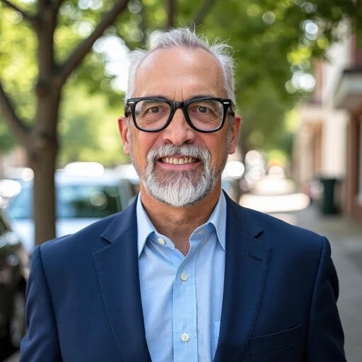 A smiling older man with glasses and a beard stands outdoors, wearing a blue suit and light blue shirt.